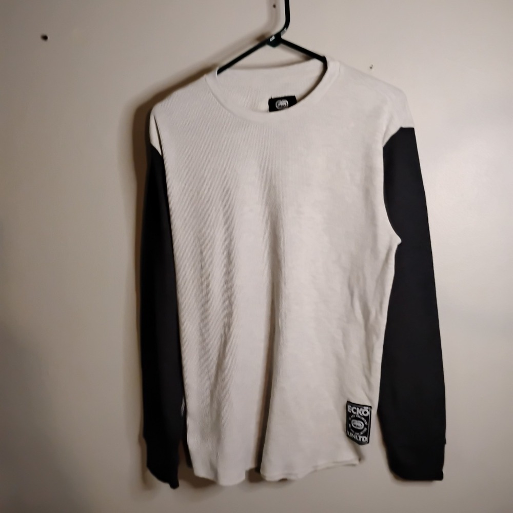 Ecko Unltd Thermal Shirt Men L White Black Long Sleeve Waffle Knit Crew Neck